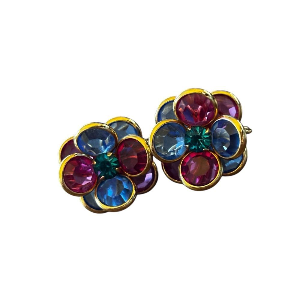 Vintage Floral Clip-On Earrings Gold-Tone Multicolor Gemstone Retro Jewelry - Picture 2 of 4